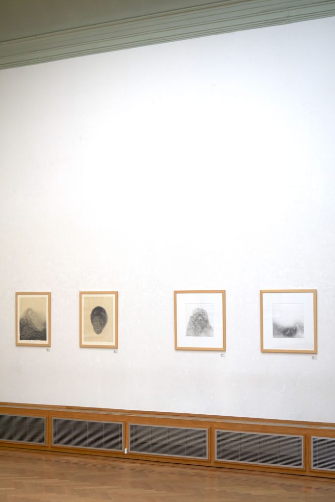 Pencil drawings by Margje Bijl, shown at the exhibition the 'Nominees Van Ommeren de Voogt Prize 2018' at Gallery Pulchri, the Hague. The nominated work 'Hair as in August 2018' is on the left and is a pencil drawing inspired by Jane Morris's hair in combination with a wave.