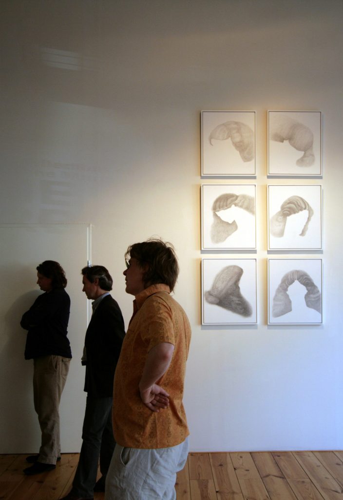 Solo exhibition 'Reflections on Jane Morris' by Margje Bijl, in Gallery the KunstSuper, 2010. Series of pencil drawings inspired by Pre-Raphaelite Muse Jane Morris, showing only her hair, without her face, focussing on the posture.