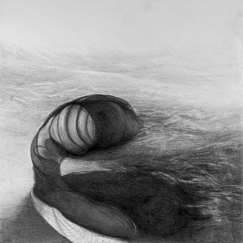 Black and white drawing made with pencil. A landscape with water and an object.