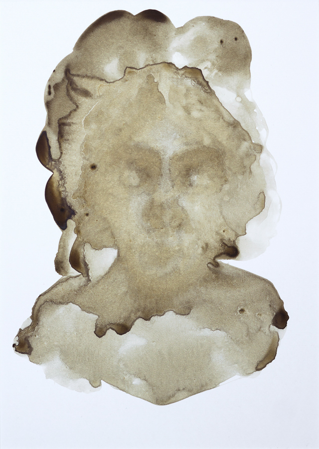 Drawing with bister ink, portrait of a woman, looking straight at you, bust, after a photograph of Jane Morris, feautures are not defined, vague, has sculptural quality.