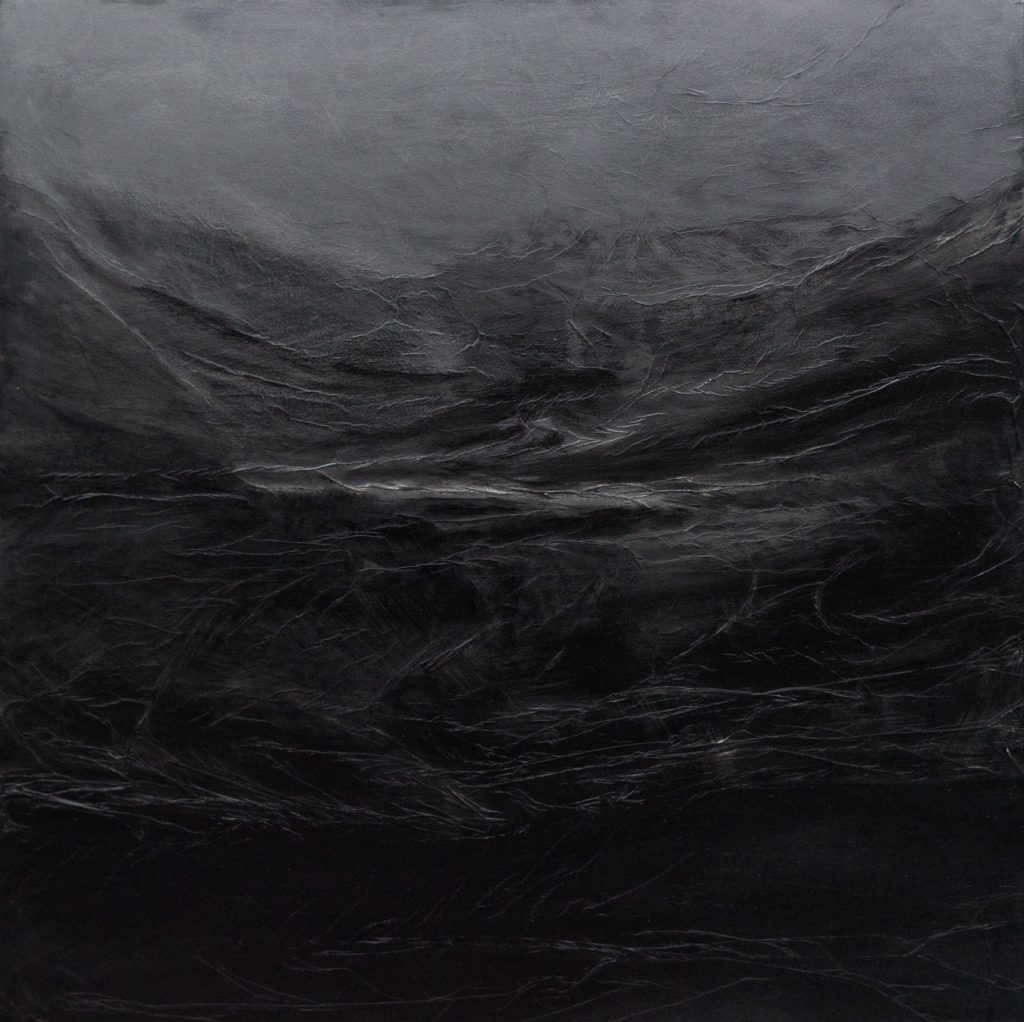 landscape with water, dark, grey, black, ink, graphite powder
