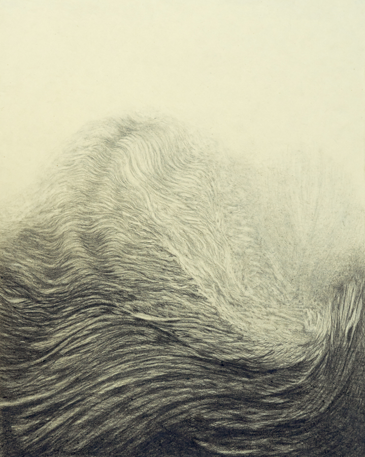 drawing of hair and waves, pencil drawing on yellowish Japanese paper