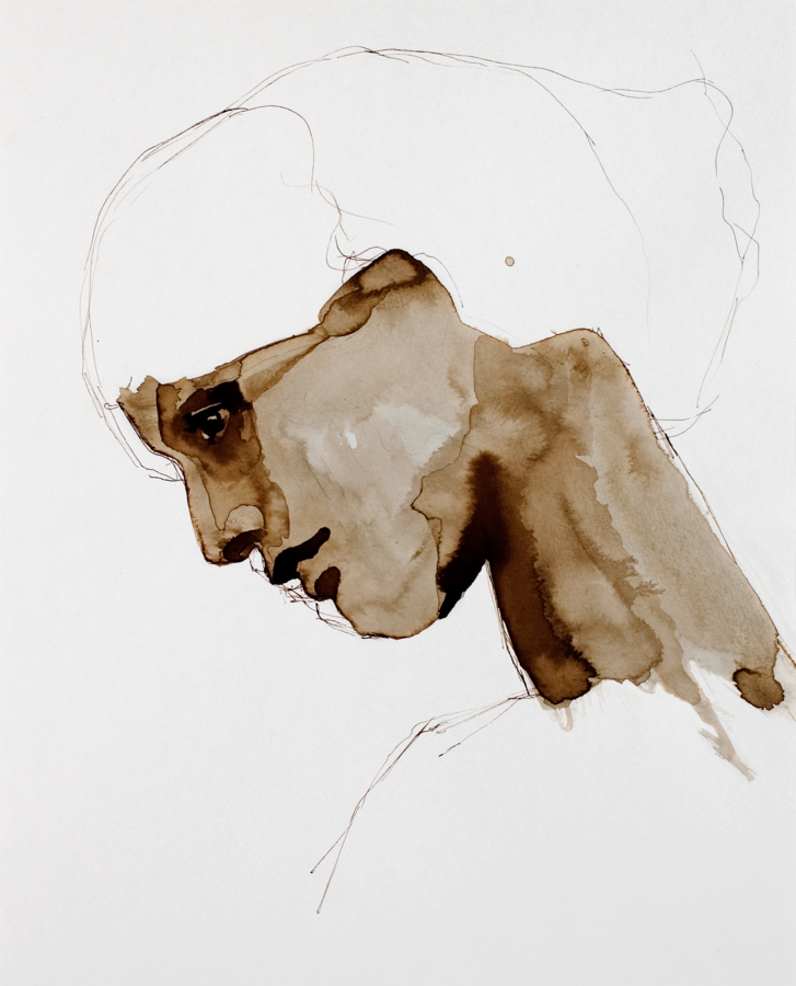 drawing with bister ink, after a photoggraph of Jane Morris, showing only her face